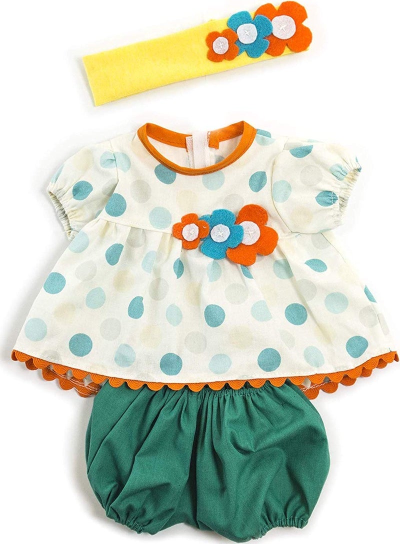 Miniland Doll Clothes for 15" to 16" Baby Dolls, Polka Dots Romper, Top, Sun Visor, Summer Doll Clothing, Pretend Play, Fine Motor Skills - Image 1